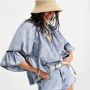 Free People | M | Denim Ainsley Smock Bell Sleeve Tie Front Top in Indigo Wash